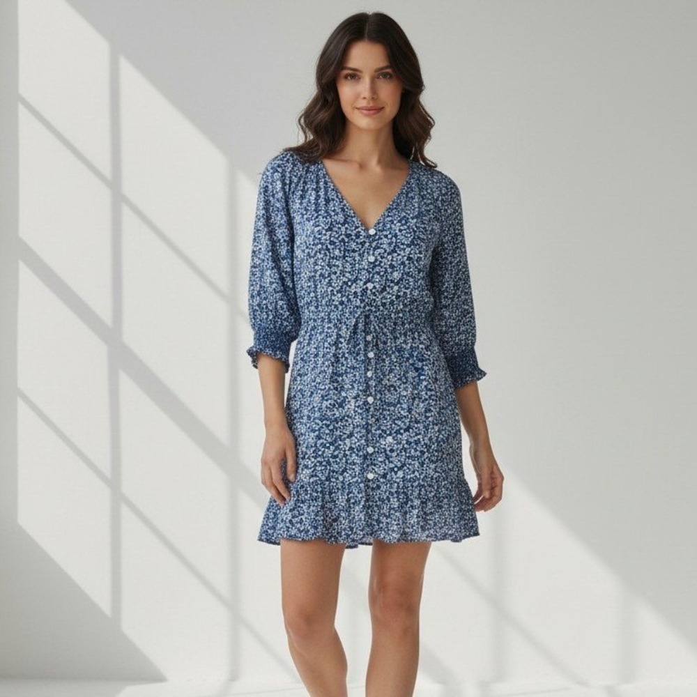 Rails Eliza Ice Chrysanthemum Blue Floral V-Neck Mini Dress Size XS Casual